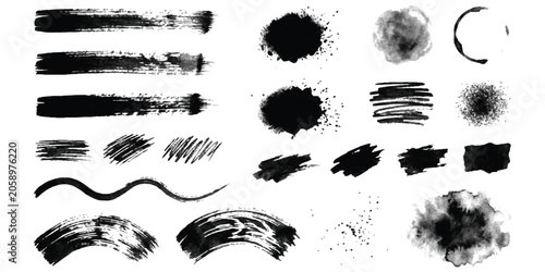 Schilderij op canvas Collection of black ink brush strokes and paint splatter marks