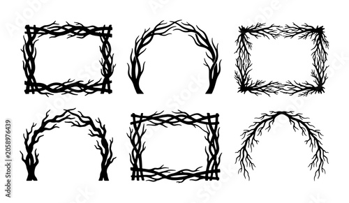 Rustic Branch Frames and Arches, Natural Organic Borders, Woodland Decorative Elements, Black Silhouette Vector Set