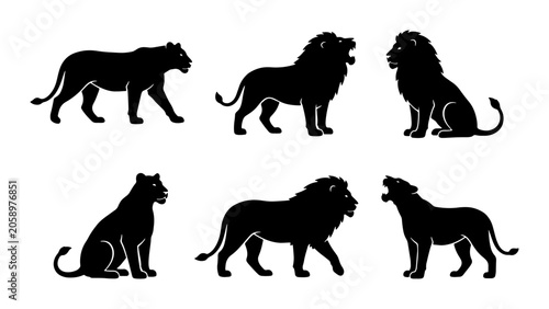 Canvas Print Lion Silhouettes Collection, Majestic Big Cat Poses Vector Set, Powerful Feline