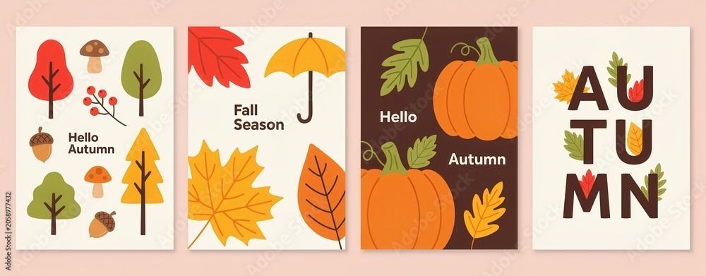 Fototapeta premium Set of autumn greeting cards with pumpkins, leaves, trees, mushrooms, acorns and umbrella