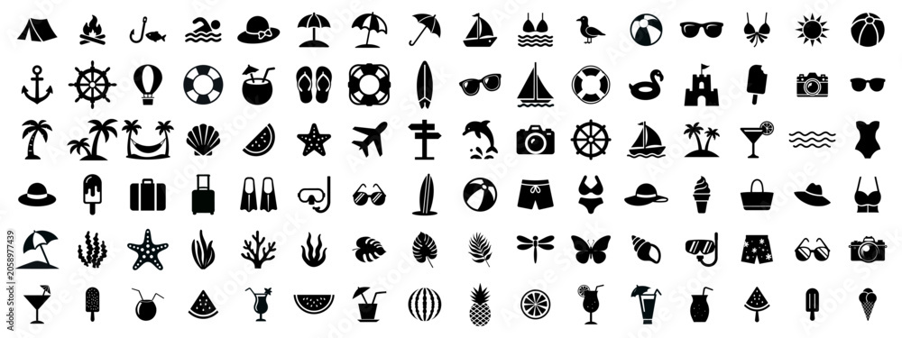 Fototapeta premium Mega collection of summer vacation, beach holiday, and travel glyph icons. Minimalist vector illustration of flat silhouettes including tropical palms, sea activities, swimming gear, cocktails, marine