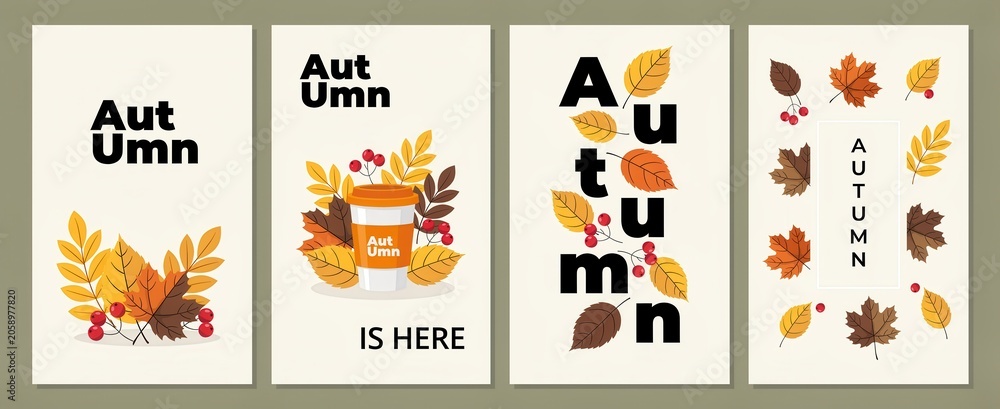 Fototapeta premium Set of four autumn posters with leaves, berries, coffee cup and typography seasonal fall design elements