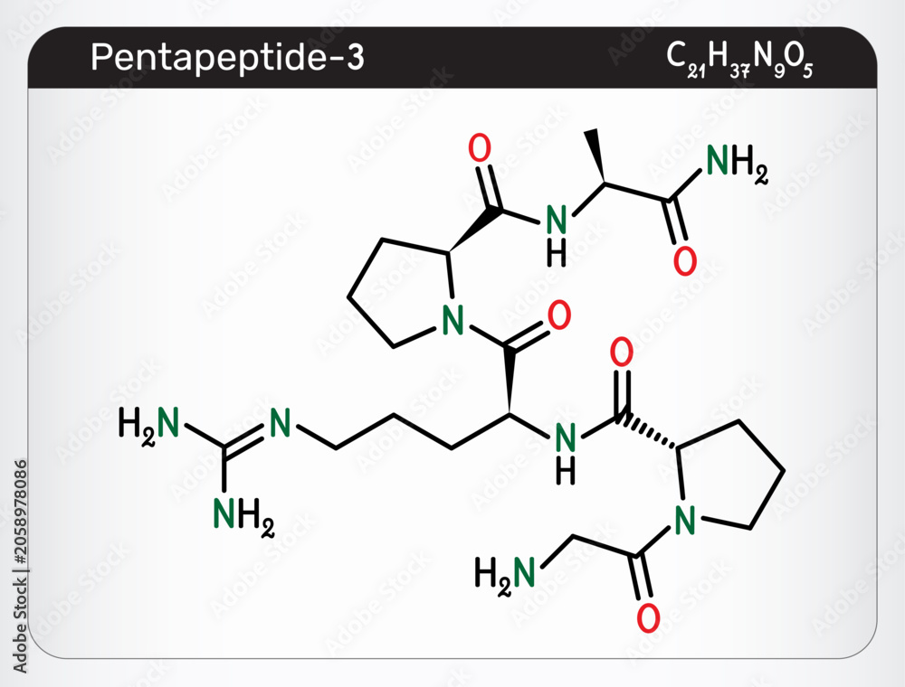 Obraz premium Pentapeptide-3 molecule. Anti-aging, anti-wrinkle neuropeptide, active cosmetic ingredient for skin care and muscle relaxation, expression lines reducer formula