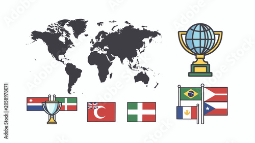 Global competition flags and world map.