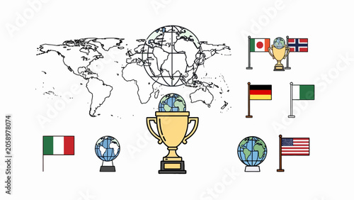 Global competition flags and trophy icons.