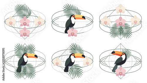 Toucan birds in geometric floral wreaths illustration.