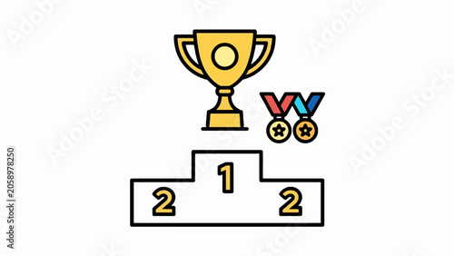 A gold trophy and medals on a podium.