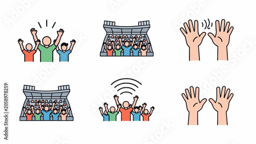 People cheering and waving in a stadium.