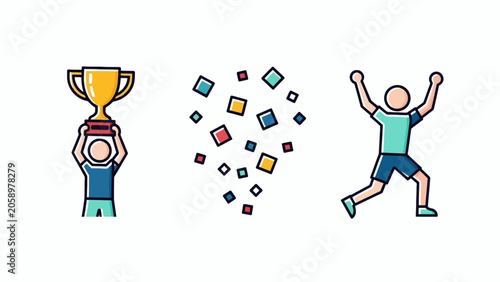 A person celebrating with a trophy and confetti.