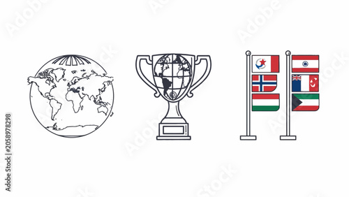 Global competition flags and trophy icon set.