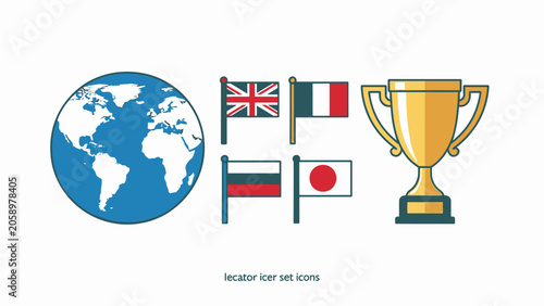 International flags and trophy symbols.