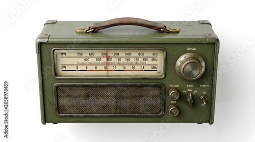 A vintage green portable radio with a leather handle sits in a studio setting, showcasing its classic design and nostalgic appeal.