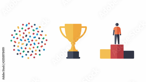A person standing on a podium with a trophy and colorful confetti.