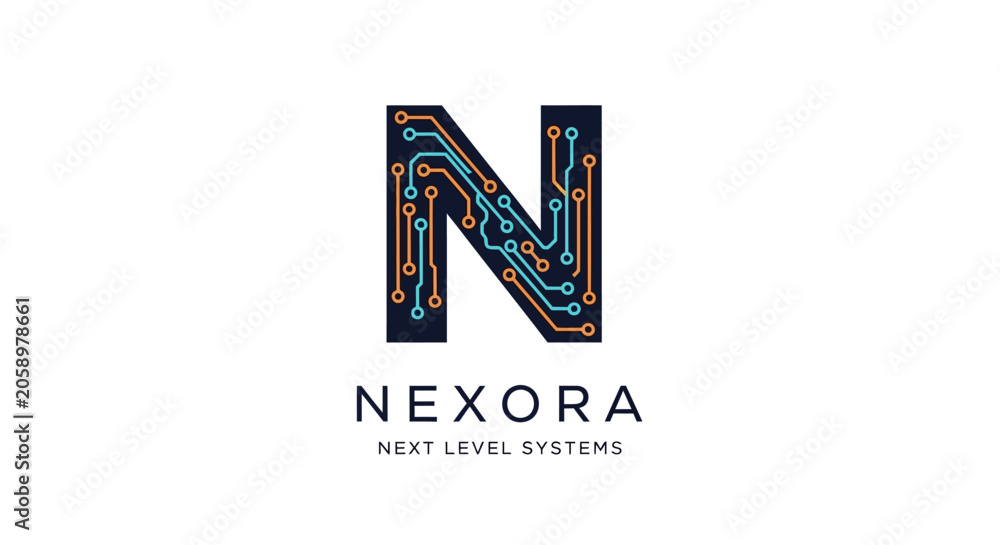 Fototapeta premium Nexora logo with circuit board pattern and tagline 'Next Level Systems' on white background