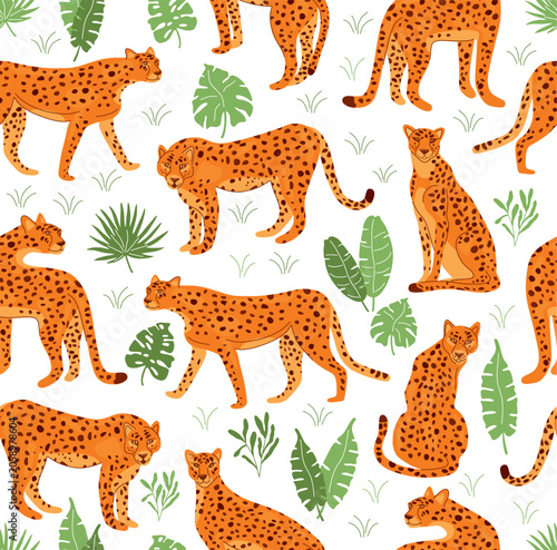 Seamless pattern of cheetahs in different poses on an exotic white background with casts vector illustration