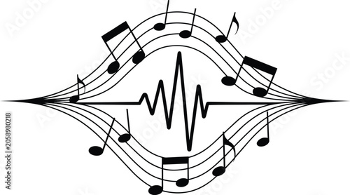 Foto Musical waveform and notes vector illustration black and white design with flowi
