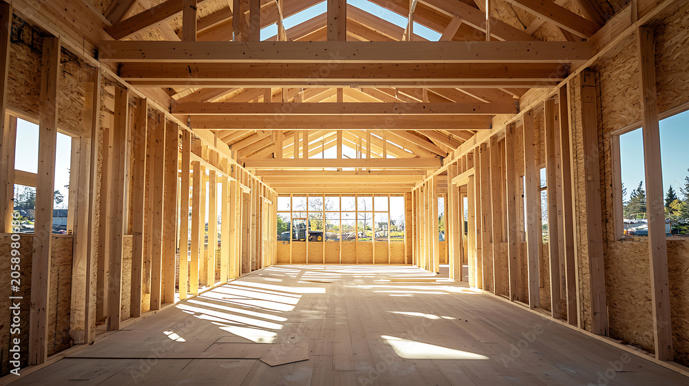 Naklejka premium Interior View of a Wooden House Under Construction Showcasing Structural Framing and Bright Natural Illumination.