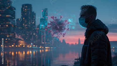 Silhouette of person overlooking futuristic cityscape at dusk.