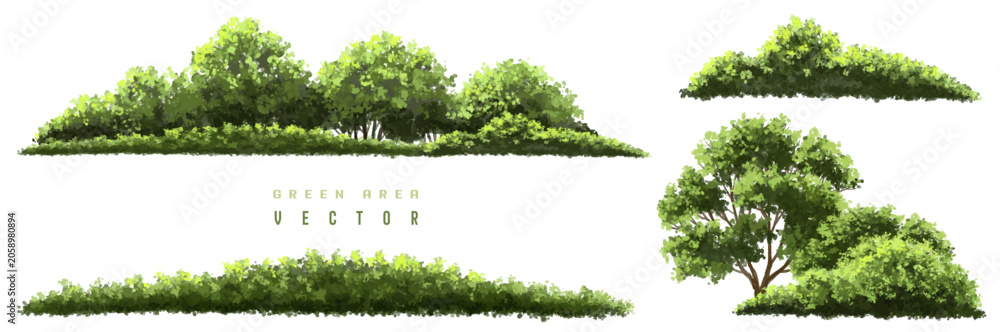 Fototapeta premium Vertor set of green tree,plants side view for landscape elevations,element for backdrop,eco environment concept design,watercolor greenery scene