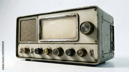 An antique, vintage radio receiver sits on a surface, showcasing its retro design with knobs and a speaker, a nostalgic piece of obsolete technology.