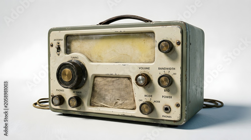 An old, vintage radio receiver with a classic design, featuring knobs, a display screen, and a carrying handle, evoking nostalgia for a bygone era.