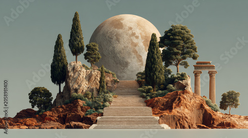 Surreal island stairway leading to full moon. Fantasy journey concept.