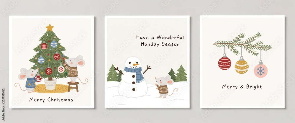 Fototapeta premium Set of three cute christmas greeting cards with mice, snowman, christmas tree and ornaments