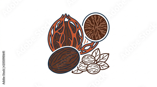 Bilde på lerret Illustration of whole nutmeg spice and its seed.