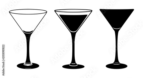 Solid black icon, white background: cocktail glass icon set with simple line art design featuring sketches, drawings, vector graphics with minimalist and simple illustrations