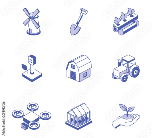 Isometric smart farming and agriculture icons set