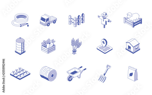 Isometric blue line farm icons featuring tools and livestock