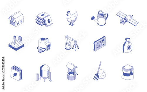 Agricultural technology isometric line icons with farm tools and robots