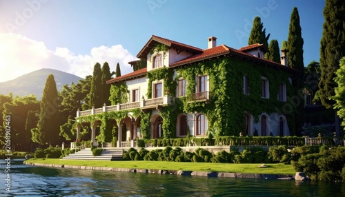 Idyllic Lakeside Villa with Verdant Ivy Clad Walls and Tuscan Architecture
