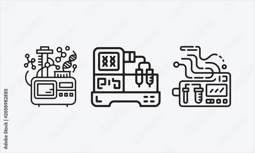 Naklejka premium Efficient DNA Analyzer Machine line art icon set Vector Illustration