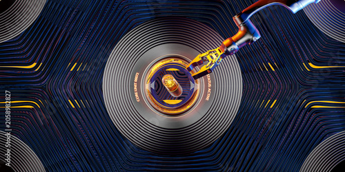 Konstfotografi Robotic arm manipulator claw grabbing glowing sci-fi energy capsule on tech radi