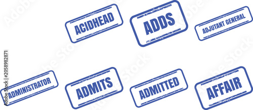 Set of blue ink rubber stamps with words acidhead, adds, adjutant general, administrator, admits, admitted, affair stamp vector design set