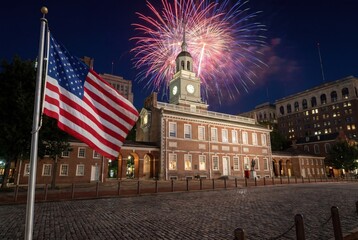 Iconic Independence Hall in Philadelphia illuminated with fireworks and an American flag waving proudly.