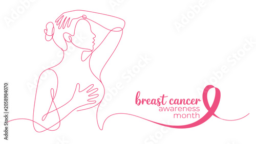 Bild auf Leinwand Continuous line art of a woman doing a breast cancer self exam with a pink ribbo