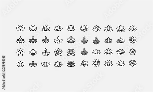 фотографія Lotus Flower for Diwali Celebration line art icon set vector illustration