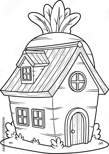 Carrot house coloring book illustration whimsical vegetable home line art