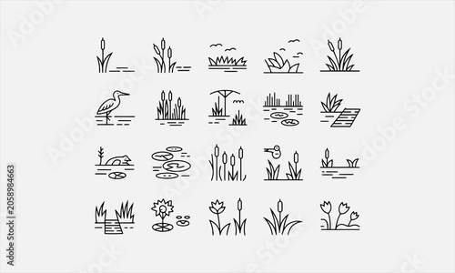 Marshes Landscape Vector line art icon set Illustration