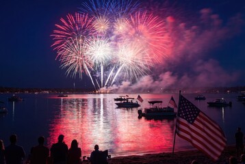 Spectacular Fourth of July fireworks illuminate the night sky over a calm lake with boats and people watching.