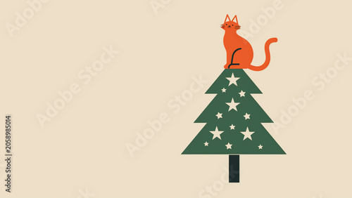Minimal cat sitting on Christmas tree illustration. Holiday greeting concept.