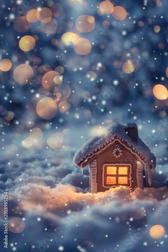 Tiny snowy cabin glowing in magical winter night. Christmas holiday concept.