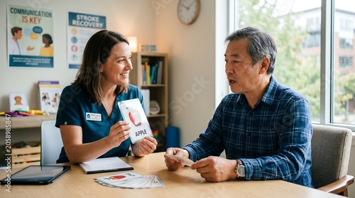 A speech therapist works with an elderly Asian man, using flashcards to aid in his communication recovery.