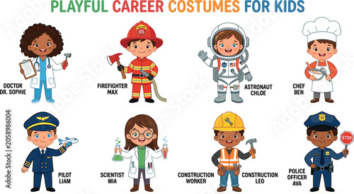 Bild auf Leinwand Playful kids career costumes vector character set featuring cute cartoon children as doctor firefighter astronaut chef pilot scientist construction worker and police officer