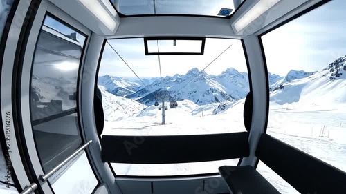Modern gondola lift moving up snow covered mountain peaks