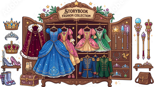 Canvas-taulu Storybook fairytale wardrobe fashion vector collection featuring royalty princess dresses prince uniforms crowns tiaras wands and magical costume accessories