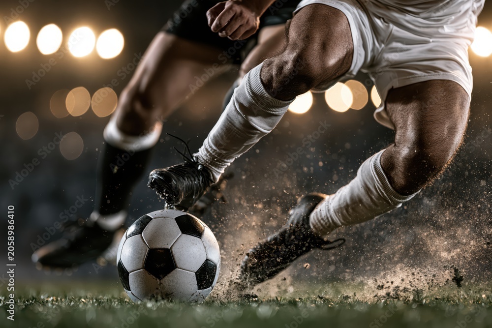 Naklejka premium Close-up action shot of soccer players' legs and feet battling for the ball on a grassy field.