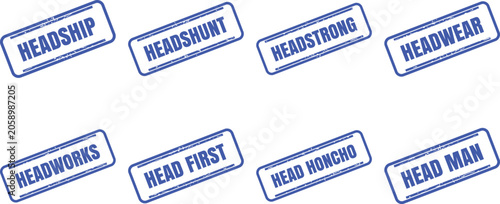 Fotografie Set of eight blue rubber stamp impressions with words starting with head stamp v